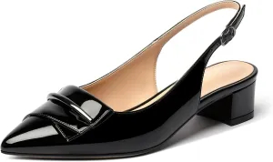SAMMITOP Women's Slingback Pointed Toe Block Chunky Low Heel Pumps Shoes with Buckle for Office Dress