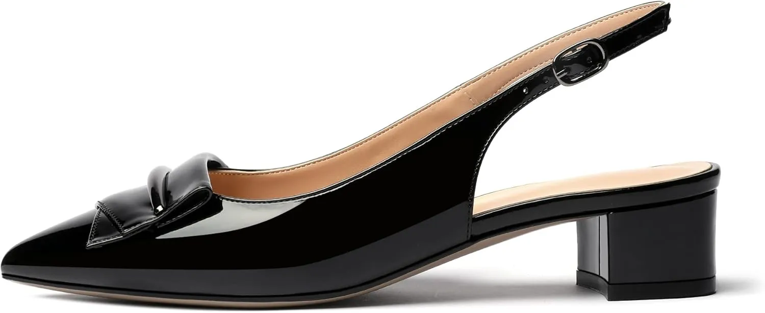 SAMMITOP Women's Slingback Pointed Toe Block Chunky Low Heel Pumps Shoes with Buckle for Office Dress