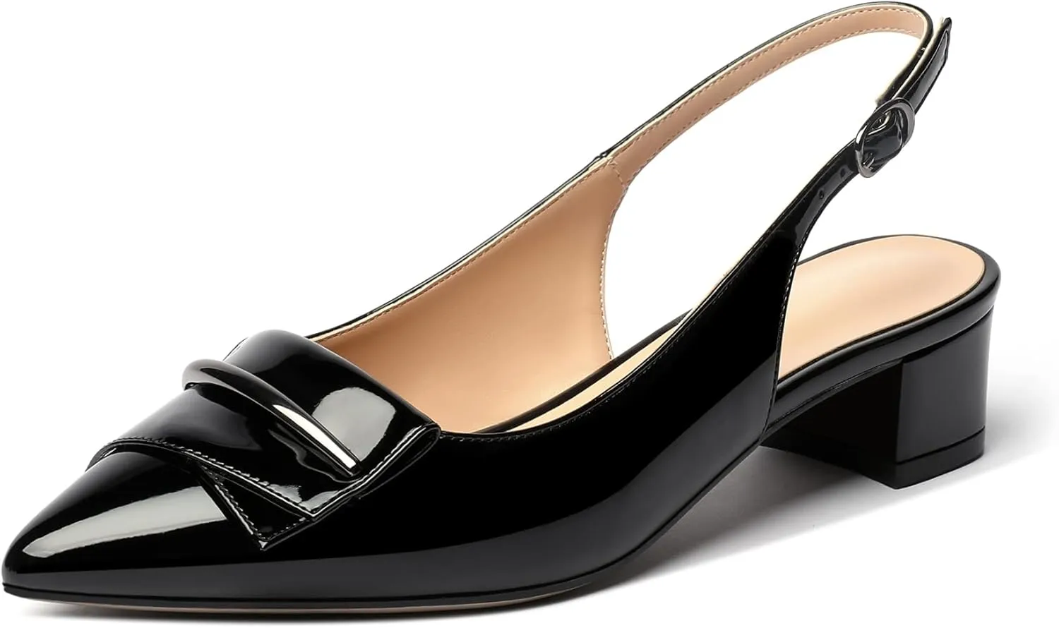 SAMMITOP Women's Slingback Pointed Toe Block Chunky Low Heel Pumps Shoes with Buckle for Office Dress