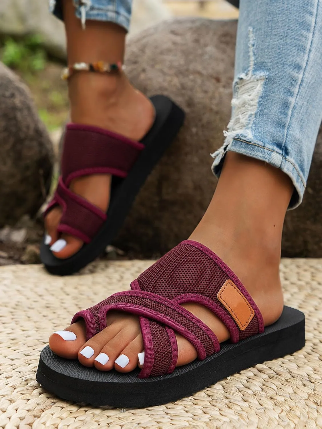 Sandals for Women 2024 Women's Hollow Breathabl Mesh Slide Sandals, Women Comfortable Orthopaedic Slippers Summer Mesh Flats Beach Sandals Mules,Wine red,US7/EU38