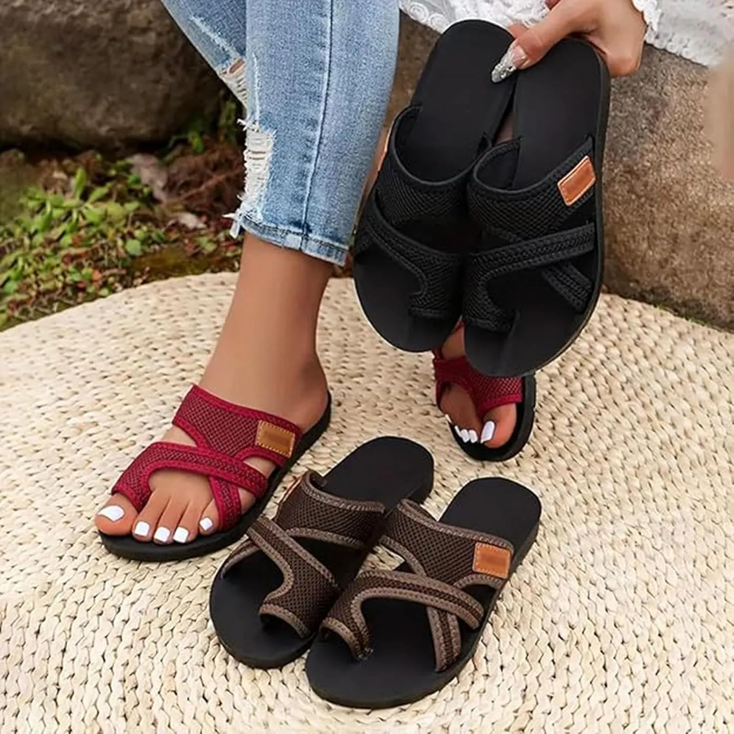 Sandals for Women 2024 Women's Hollow Breathabl Mesh Slide Sandals, Women Comfortable Orthopaedic Slippers Summer Mesh Flats Beach Sandals Mules,Wine red,US7/EU38