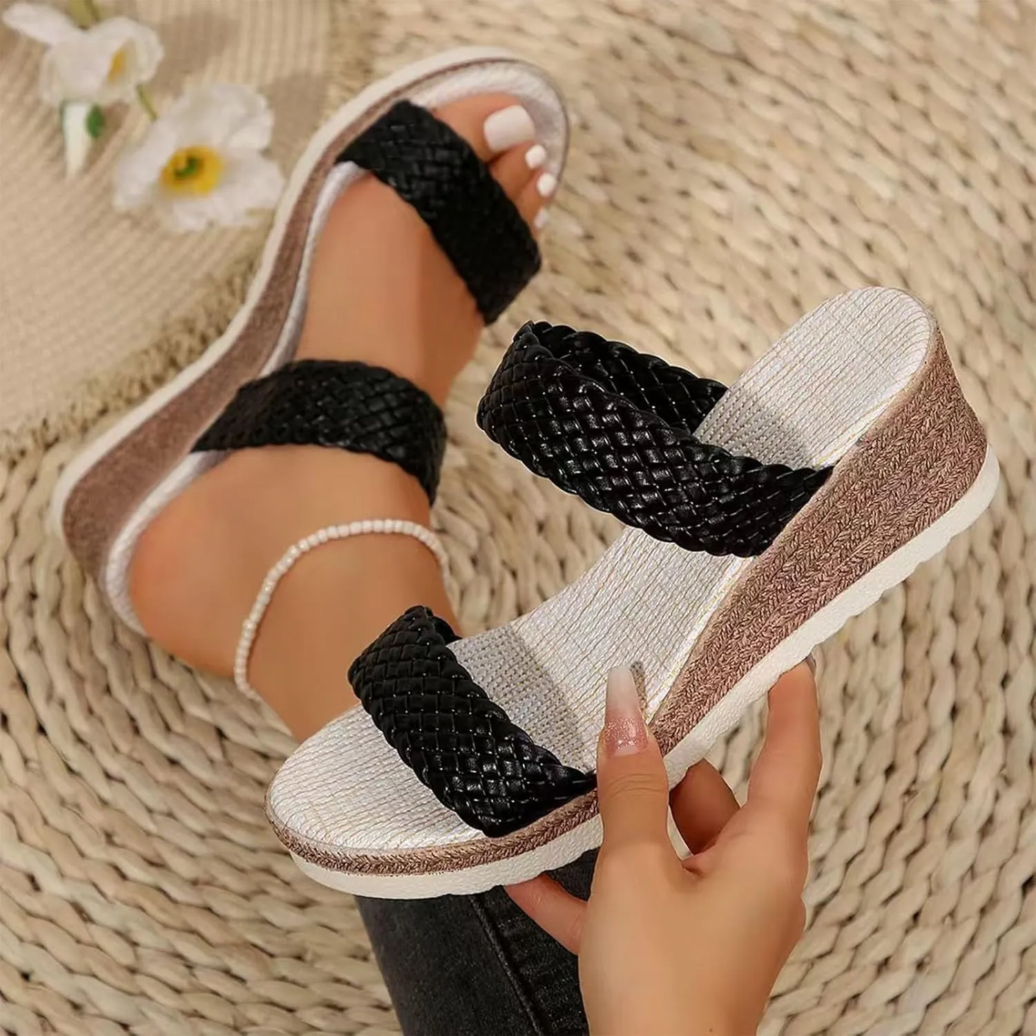 Sandals With Woven Straps Platform Wedge Heel Rope Sole Boho Toe Ring Slip On Sandals For Summer Sexy Sandals for Women