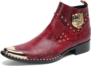 Santimon Men Chelsea Boots Casual Dress Ankle Boots Handmade Genuine Leather Western Boot Metal Square Toe Zipper Snake Print Party Wedding Disco Singer Cowboy Boots for Men