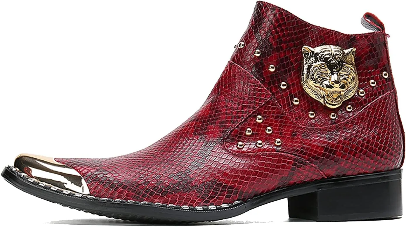 Santimon Men Chelsea Boots Casual Dress Ankle Boots Handmade Genuine Leather Western Boot Metal Square Toe Zipper Snake Print Party Wedding Disco Singer Cowboy Boots for Men