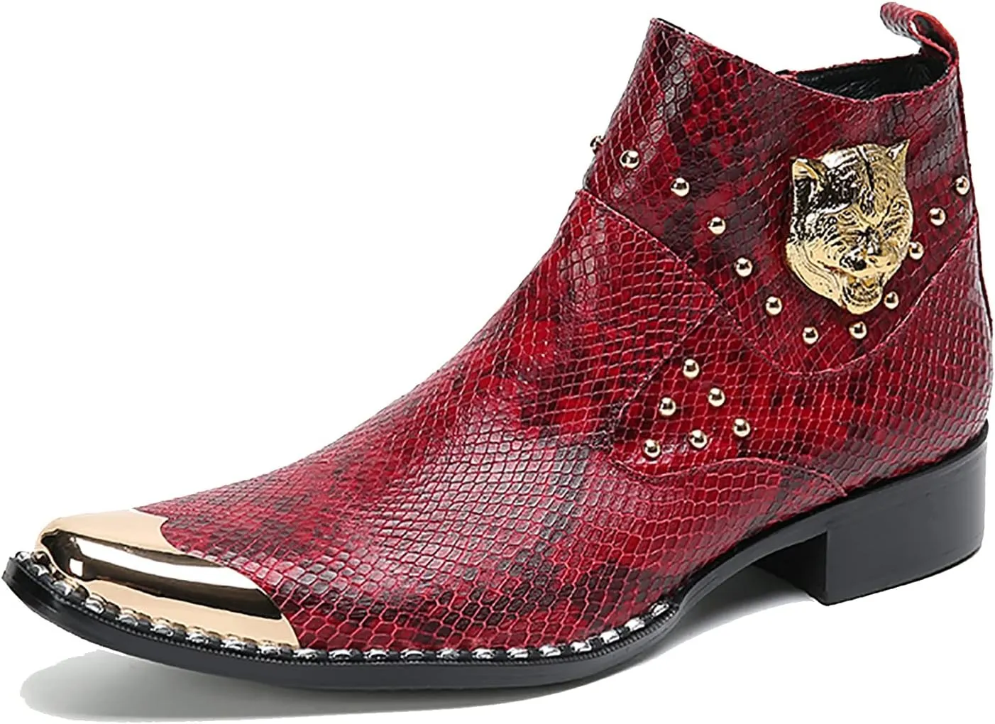 Santimon Men Chelsea Boots Casual Dress Ankle Boots Handmade Genuine Leather Western Boot Metal Square Toe Zipper Snake Print Party Wedding Disco Singer Cowboy Boots for Men