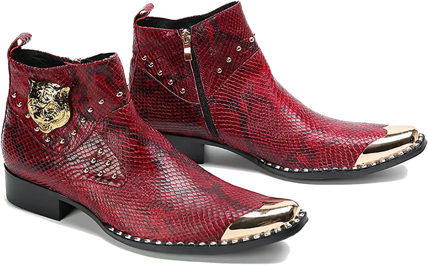 Santimon Men Chelsea Boots Casual Dress Ankle Boots Handmade Genuine Leather Western Boot Metal Square Toe Zipper Snake Print Party Wedding Disco Singer Cowboy Boots for Men