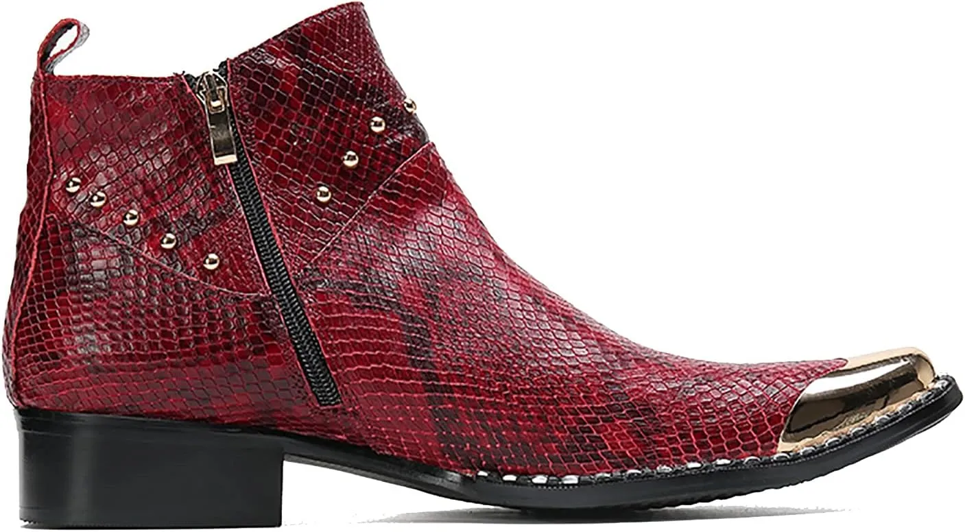 Santimon Men Chelsea Boots Casual Dress Ankle Boots Handmade Genuine Leather Western Boot Metal Square Toe Zipper Snake Print Party Wedding Disco Singer Cowboy Boots for Men