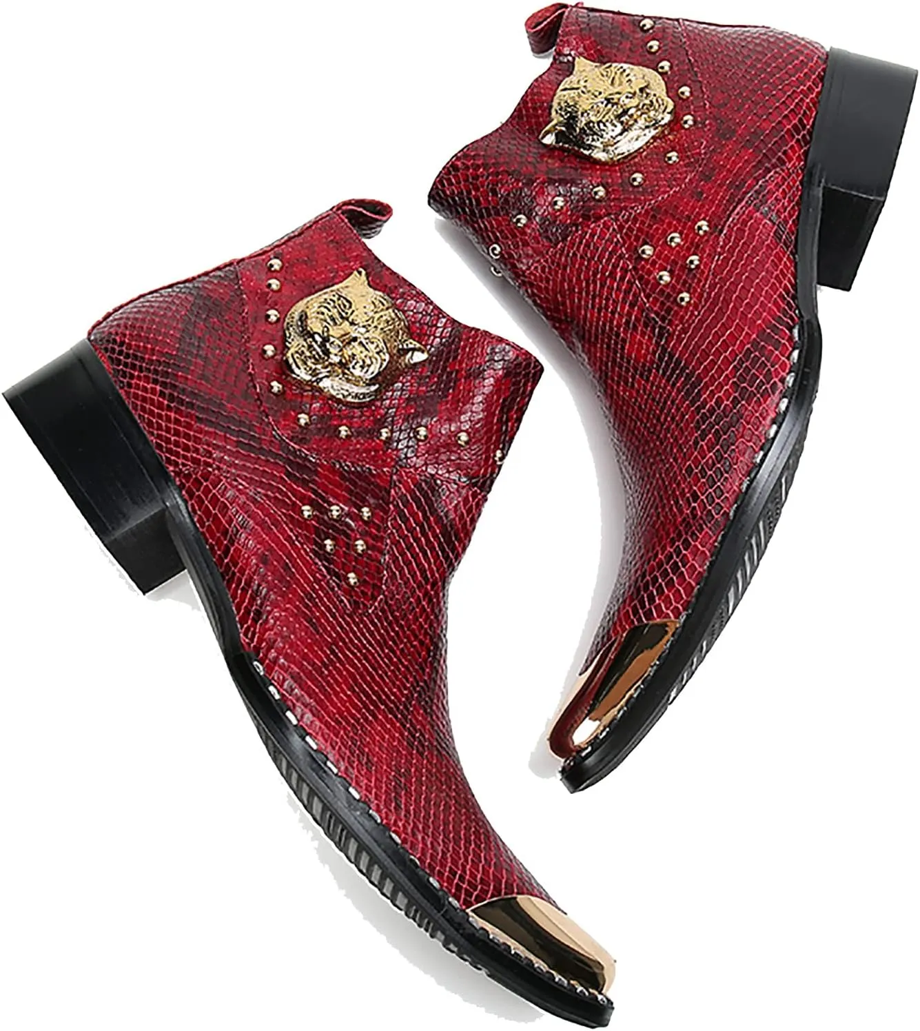 Santimon Men Chelsea Boots Casual Dress Ankle Boots Handmade Genuine Leather Western Boot Metal Square Toe Zipper Snake Print Party Wedding Disco Singer Cowboy Boots for Men