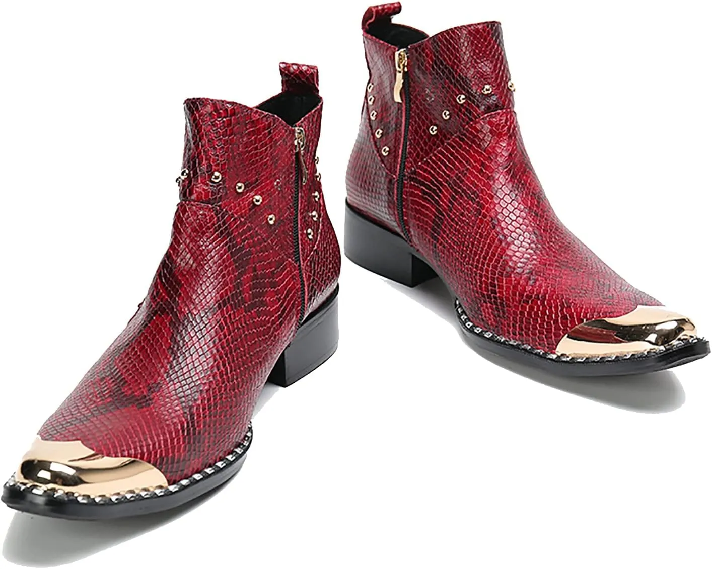 Santimon Men Chelsea Boots Casual Dress Ankle Boots Handmade Genuine Leather Western Boot Metal Square Toe Zipper Snake Print Party Wedding Disco Singer Cowboy Boots for Men