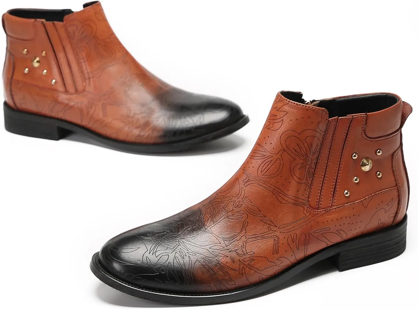Santimon Men's Chelsea Boots Casual Dress Ankle Boots Genuine Leather Zipper Beads Chukka Boots Fashion Prom Wedding Ballroom Party Western Cowboy Boots