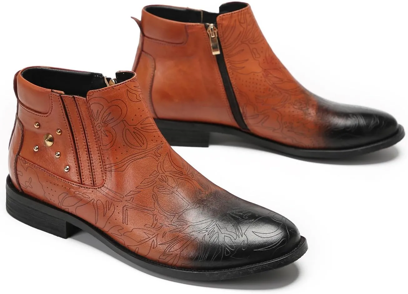 Santimon Men's Chelsea Boots Casual Dress Ankle Boots Genuine Leather Zipper Beads Chukka Boots Fashion Prom Wedding Ballroom Party Western Cowboy Boots