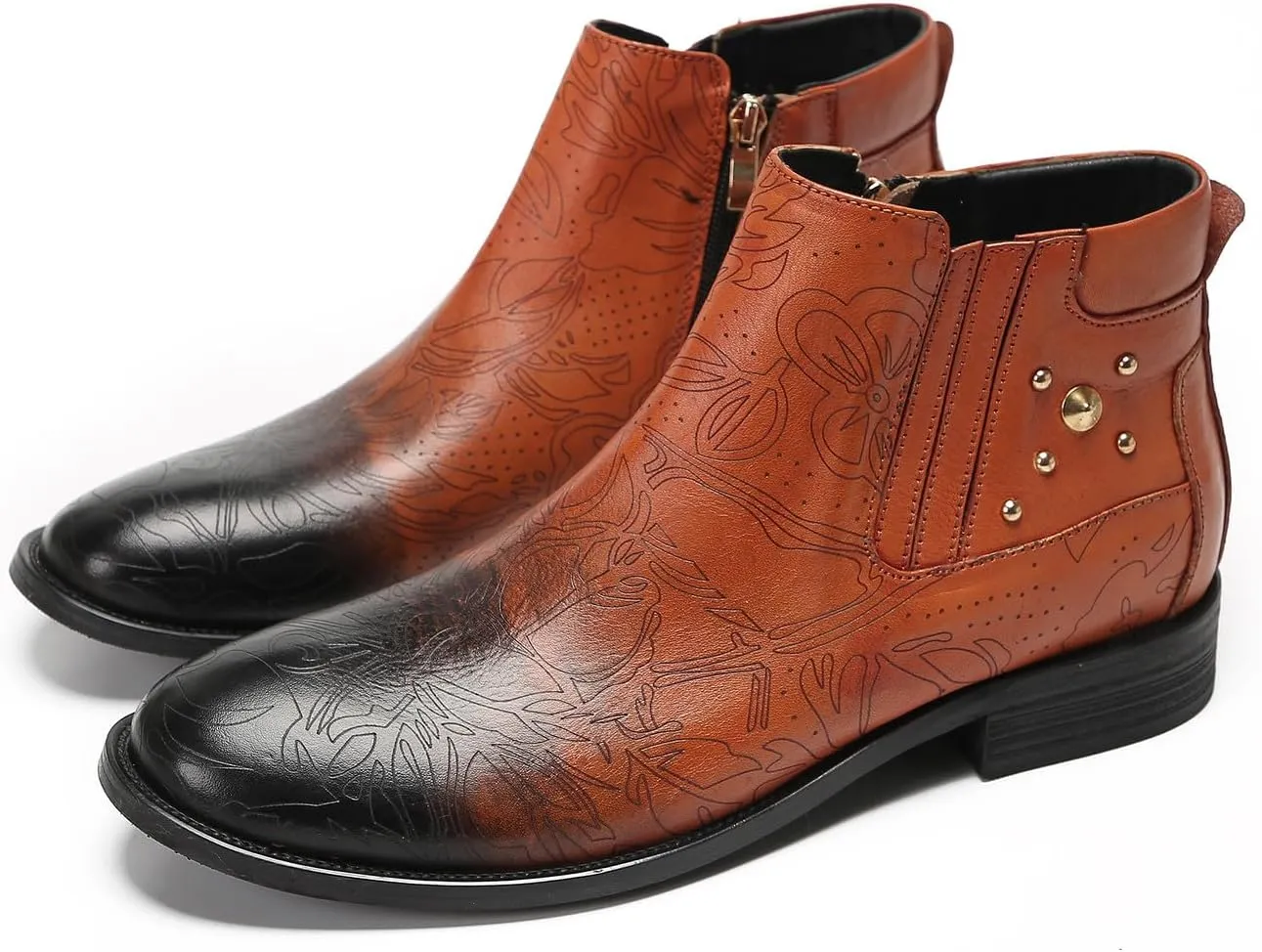 Santimon Men's Chelsea Boots Casual Dress Ankle Boots Genuine Leather Zipper Beads Chukka Boots Fashion Prom Wedding Ballroom Party Western Cowboy Boots