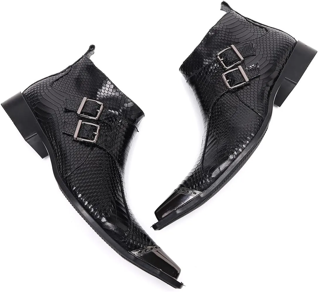 Santimon Mens Chelsea Boots Dress Casual Party Disco Cowboy Western Boots Metal Tip Toe Genuine Leather Buckles Zipper Ankle Boots Fashion Singer Ballroom Wedding Prom Chukka Boots
