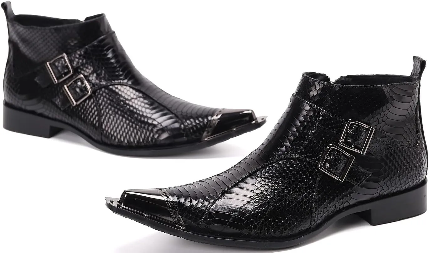 Santimon Mens Chelsea Boots Dress Casual Party Disco Cowboy Western Boots Metal Tip Toe Genuine Leather Buckles Zipper Ankle Boots Fashion Singer Ballroom Wedding Prom Chukka Boots