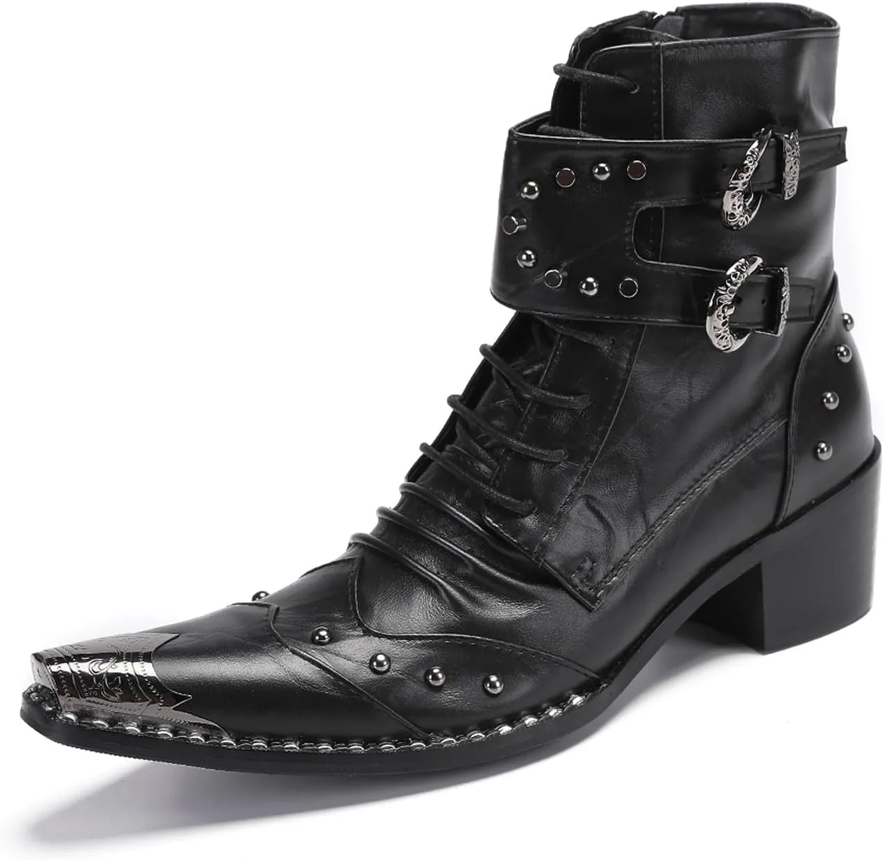 Santimon Men's Genuine Leather Cowboy Boots - Western Dress Boots with Metal Toe & Buckles | Mid-Calf Party, Rock & Motorcycle Boots