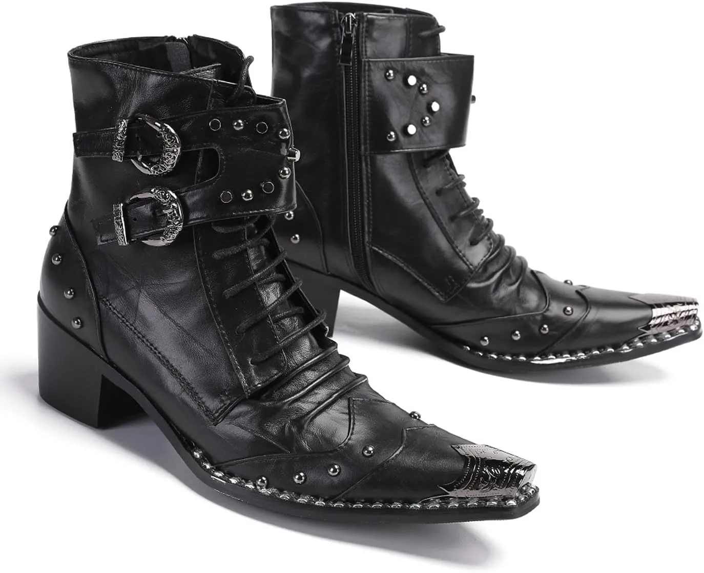 Santimon Men's Genuine Leather Cowboy Boots - Western Dress Boots with Metal Toe & Buckles | Mid-Calf Party, Rock & Motorcycle Boots