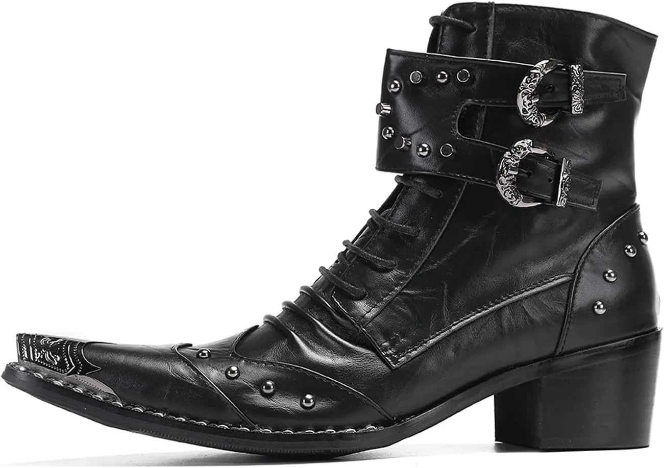 Santimon Men's Genuine Leather Cowboy Boots - Western Dress Boots with Metal Toe & Buckles | Mid-Calf Party, Rock & Motorcycle Boots