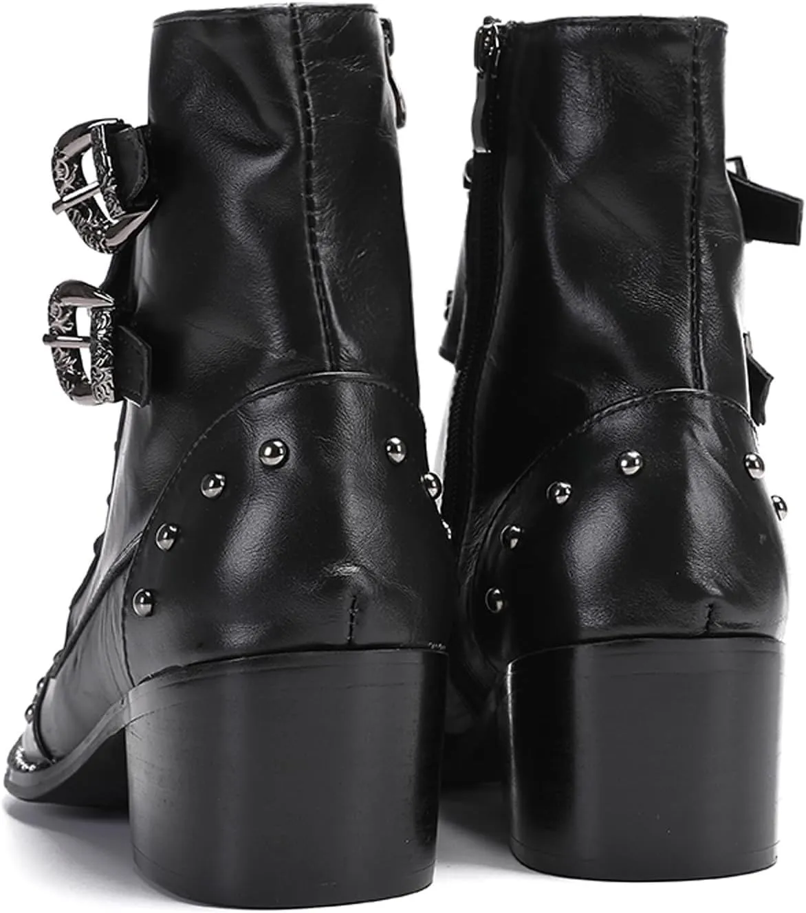 Santimon Men's Genuine Leather Cowboy Boots - Western Dress Boots with Metal Toe & Buckles | Mid-Calf Party, Rock & Motorcycle Boots