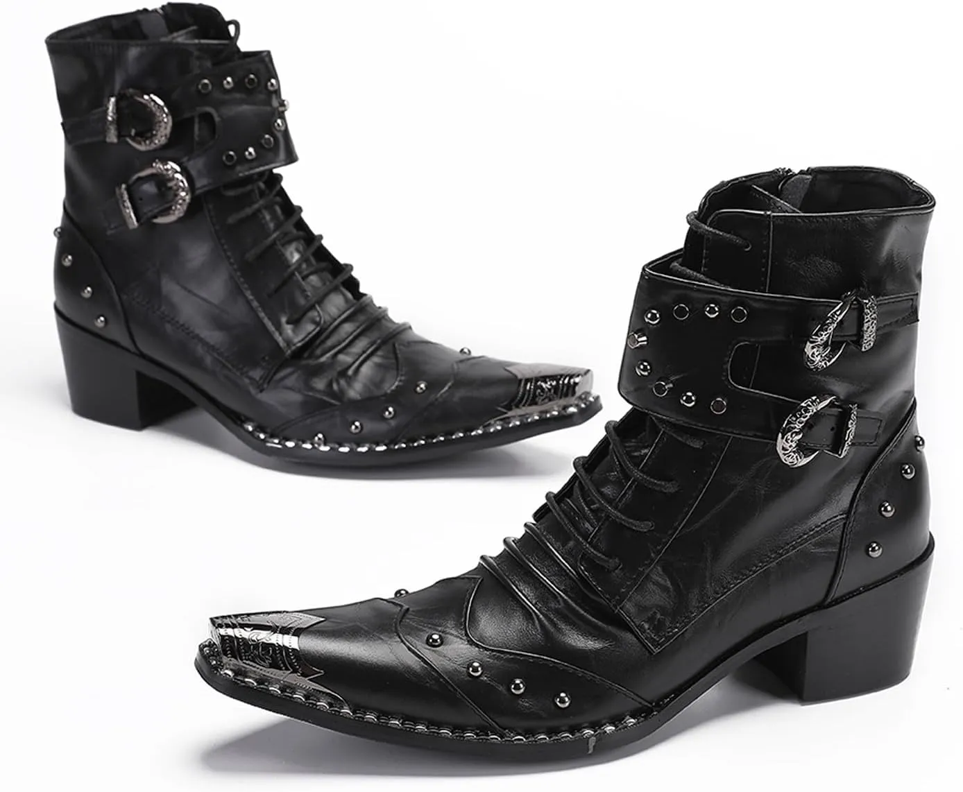 Santimon Men's Genuine Leather Cowboy Boots - Western Dress Boots with Metal Toe & Buckles | Mid-Calf Party, Rock & Motorcycle Boots