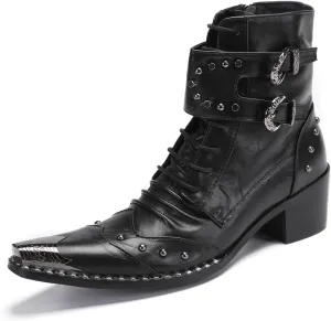 Santimon Men's Genuine Leather Cowboy Boots - Western Dress Boots with Metal Toe & Buckles | Mid-Calf Party, Rock & Motorcycle Boots