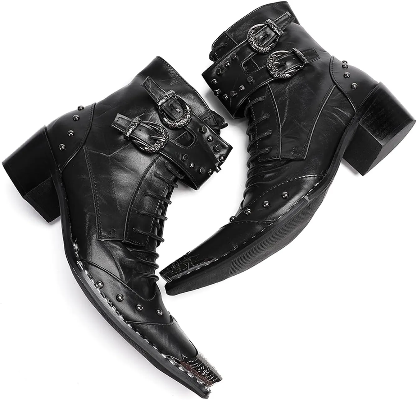 Santimon Men's Genuine Leather Cowboy Boots - Western Dress Boots with Metal Toe & Buckles | Mid-Calf Party, Rock & Motorcycle Boots