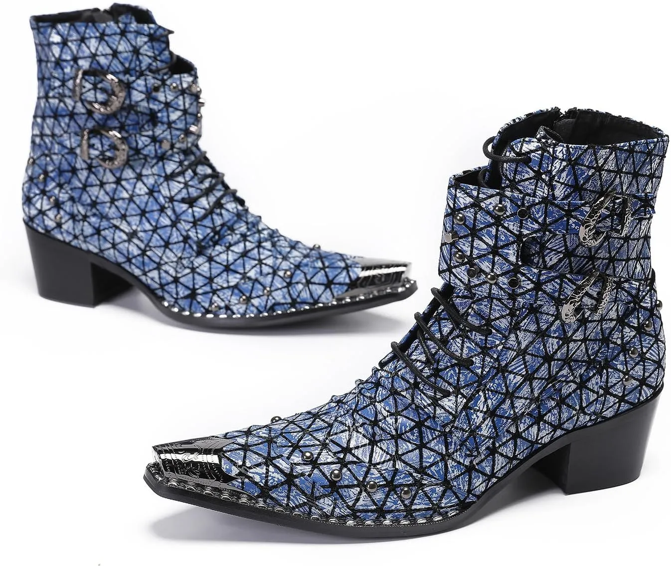 Santimon Men's Genuine Leather Cowboy Boots – Western Dress Boots with Metal Wingtip Toe & Buckle/Bead Details | Mid-Top Boots for Casual, Party & Motorcycle Wear | Rock, Prom & Ballroom Style