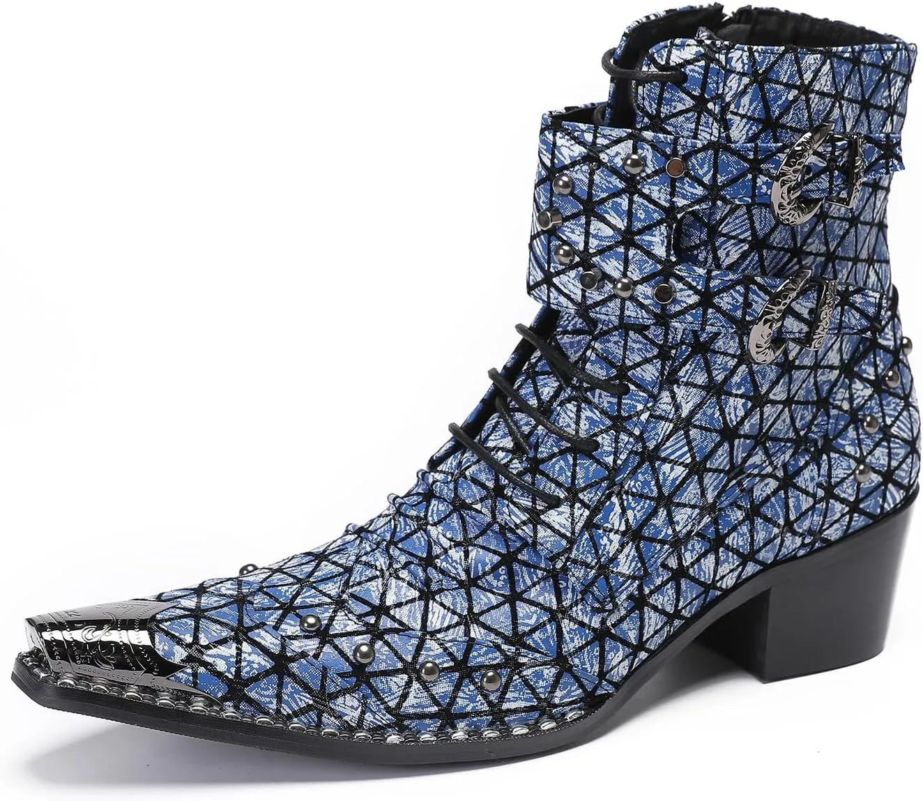 Santimon Men's Genuine Leather Cowboy Boots – Western Dress Boots with Metal Wingtip Toe & Buckle/Bead Details | Mid-Top Boots for Casual, Party & Motorcycle Wear | Rock, Prom & Ballroom Style