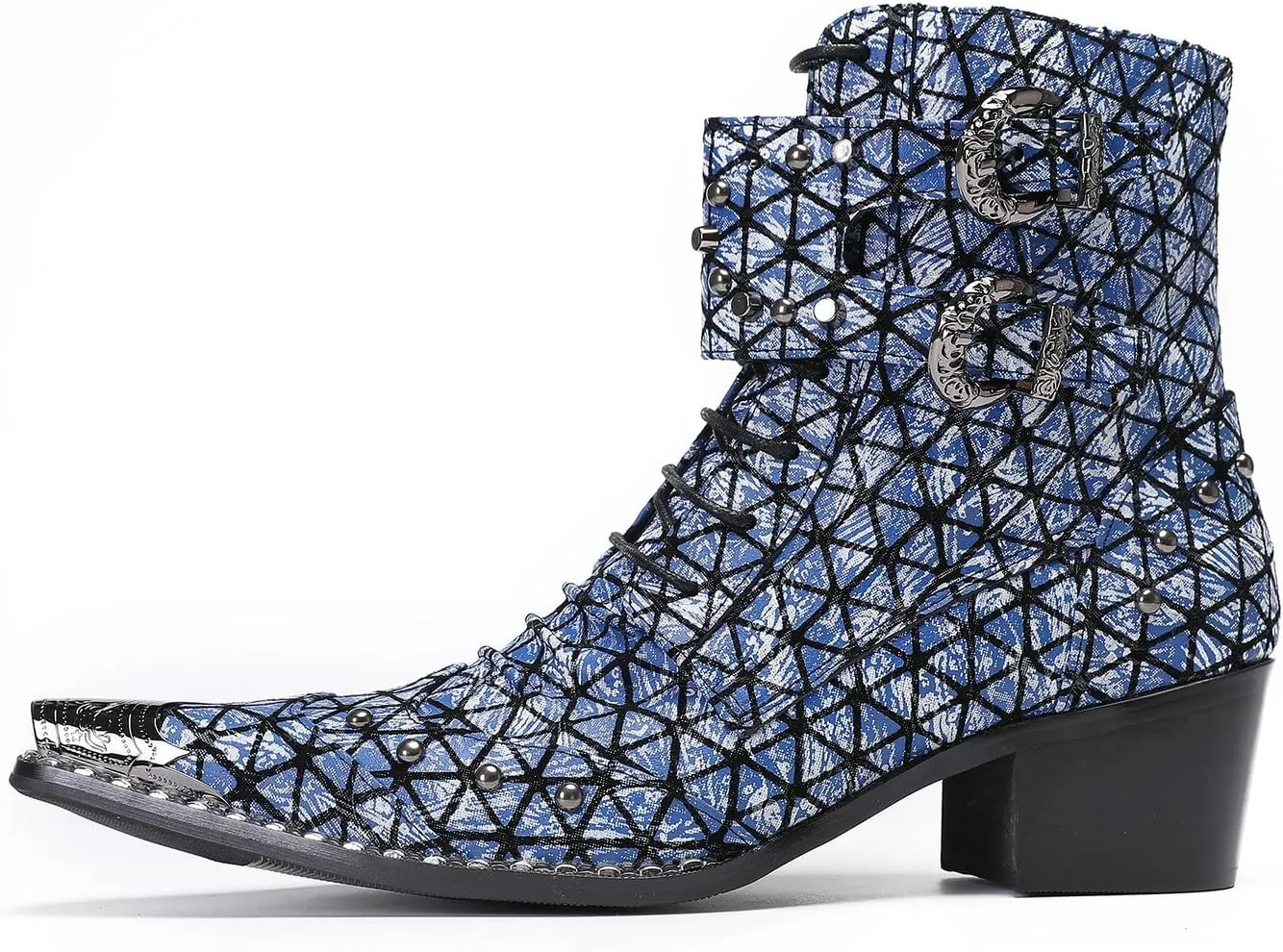 Santimon Men's Genuine Leather Cowboy Boots – Western Dress Boots with Metal Wingtip Toe & Buckle/Bead Details | Mid-Top Boots for Casual, Party & Motorcycle Wear | Rock, Prom & Ballroom Style