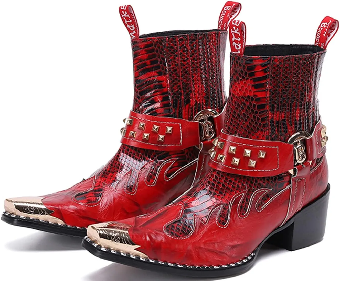 Santimon Men's Genuine Leather Western Chelsea Cowboy Boots | Mid-Top with Metallic Wingtip Toe & Snakeskin Buckle | Dress-to-Casual for Stage, Neon Nights