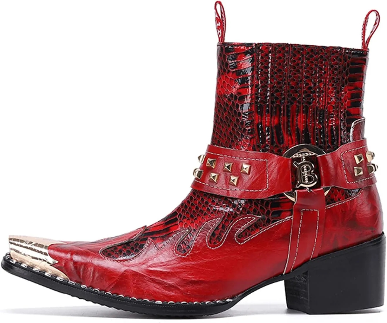 Santimon Men's Genuine Leather Western Chelsea Cowboy Boots | Mid-Top with Metallic Wingtip Toe & Snakeskin Buckle | Dress-to-Casual for Stage, Neon Nights