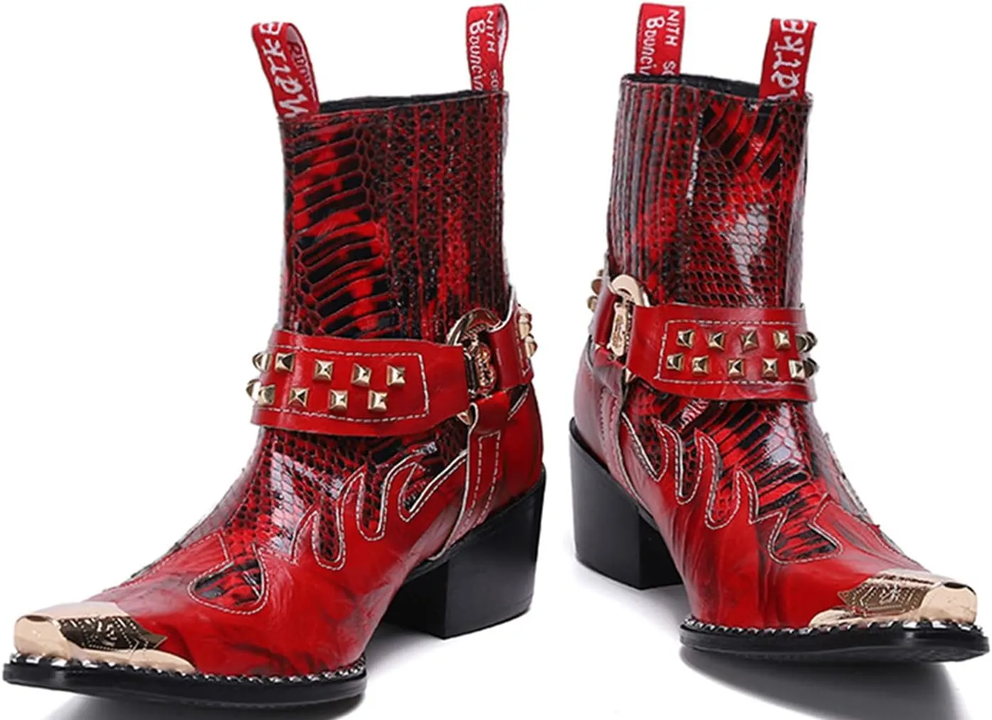 Santimon Men's Genuine Leather Western Chelsea Cowboy Boots | Mid-Top with Metallic Wingtip Toe & Snakeskin Buckle | Dress-to-Casual for Stage, Neon Nights