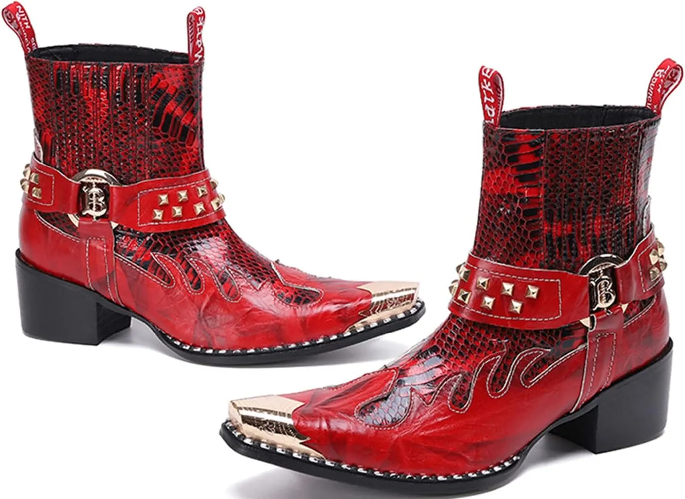Santimon Men's Genuine Leather Western Chelsea Cowboy Boots | Mid-Top with Metallic Wingtip Toe & Snakeskin Buckle | Dress-to-Casual for Stage, Neon Nights