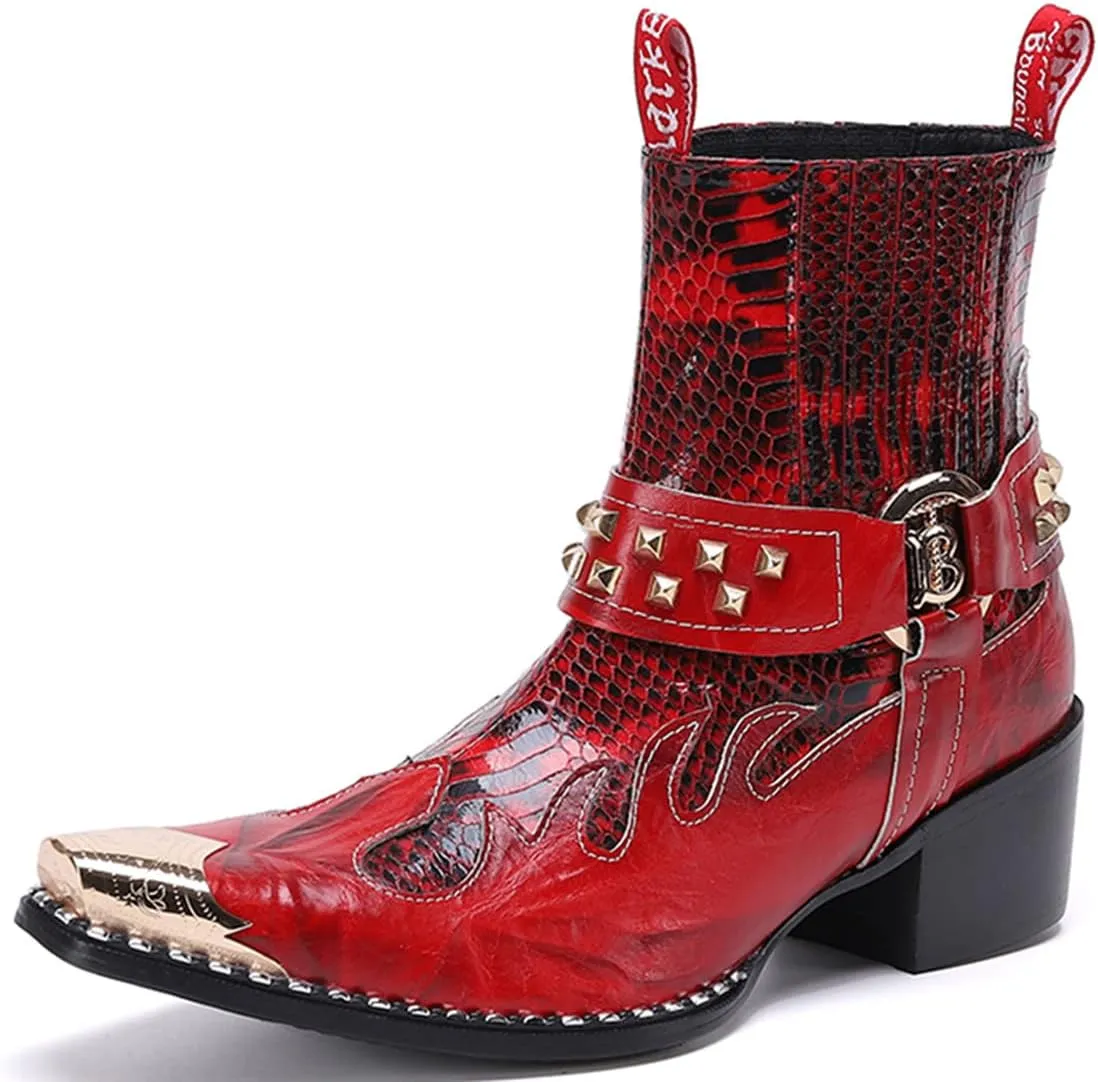 Santimon Men's Genuine Leather Western Chelsea Cowboy Boots | Mid-Top with Metallic Wingtip Toe & Snakeskin Buckle | Dress-to-Casual for Stage, Neon Nights