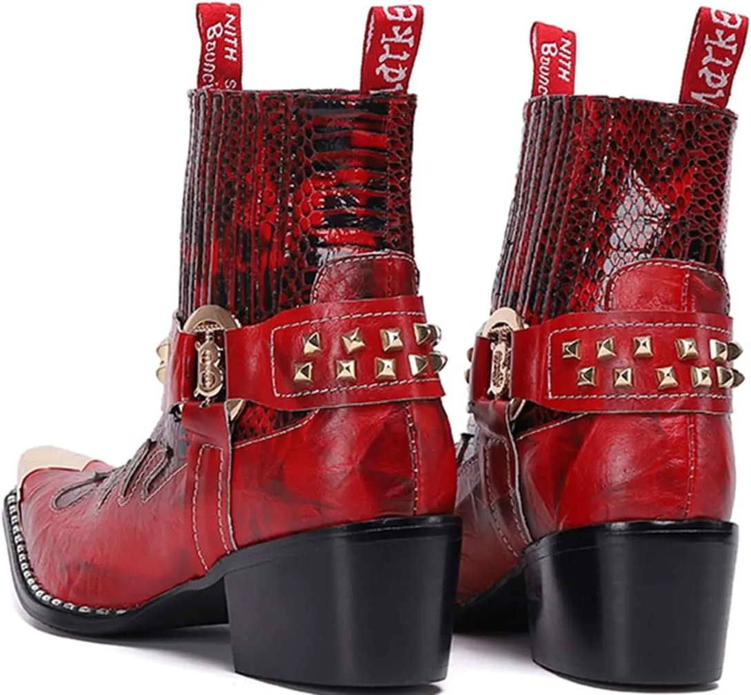 Santimon Men's Genuine Leather Western Chelsea Cowboy Boots | Mid-Top with Metallic Wingtip Toe & Snakeskin Buckle | Dress-to-Casual for Stage, Neon Nights