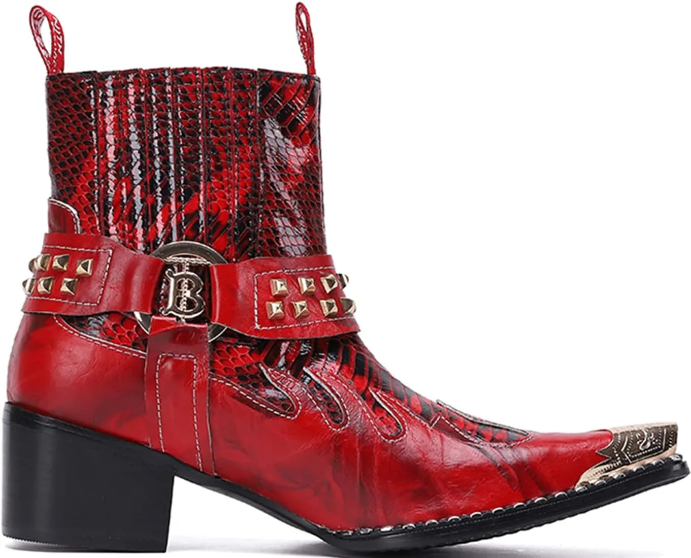 Santimon Men's Genuine Leather Western Chelsea Cowboy Boots | Mid-Top with Metallic Wingtip Toe & Snakeskin Buckle | Dress-to-Casual for Stage, Neon Nights