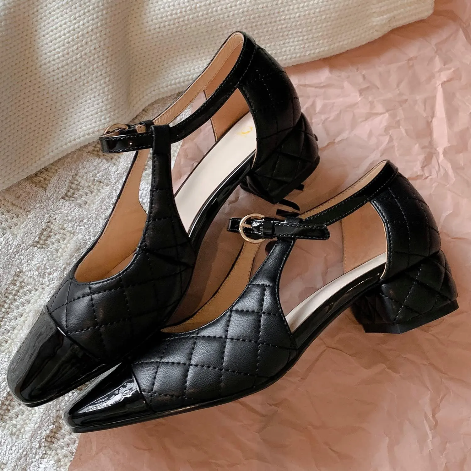 SHODENSE Women Low Chunky Heel Mary Jane Pumps Square Cap Toe Ankle Strap Dress Pumps Cut Out 2 Inch Mid Block Heels Sandal Booties Two Tone Patchwork Buckled Office Wedding Party 4-11 M US