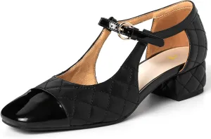 SHODENSE Women Low Chunky Heel Mary Jane Pumps Square Cap Toe Ankle Strap Dress Pumps Cut Out 2 Inch Mid Block Heels Sandal Booties Two Tone Patchwork Buckled Office Wedding Party 4-11 M US