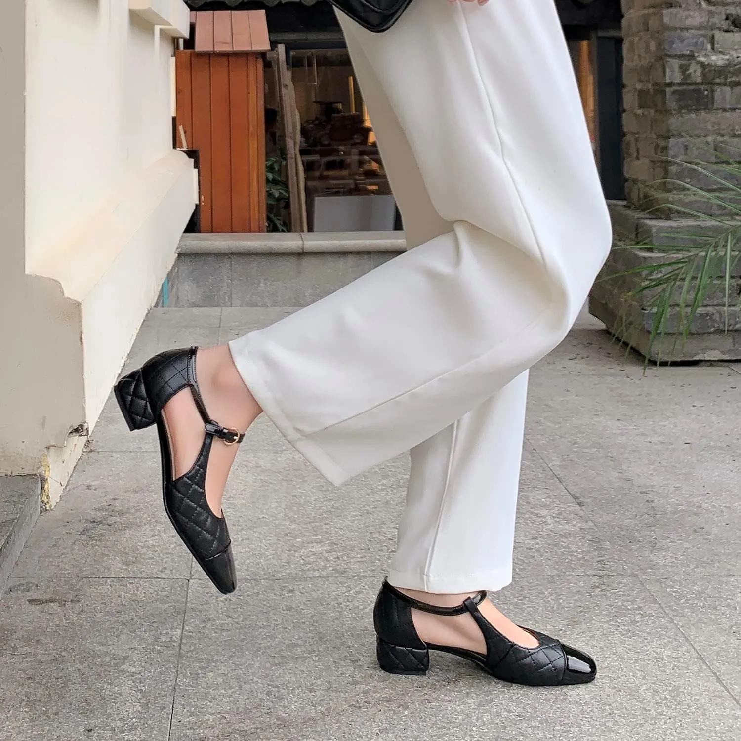SHODENSE Women Low Chunky Heel Mary Jane Pumps Square Cap Toe Ankle Strap Dress Pumps Cut Out 2 Inch Mid Block Heels Sandal Booties Two Tone Patchwork Buckled Office Wedding Party 4-11 M US