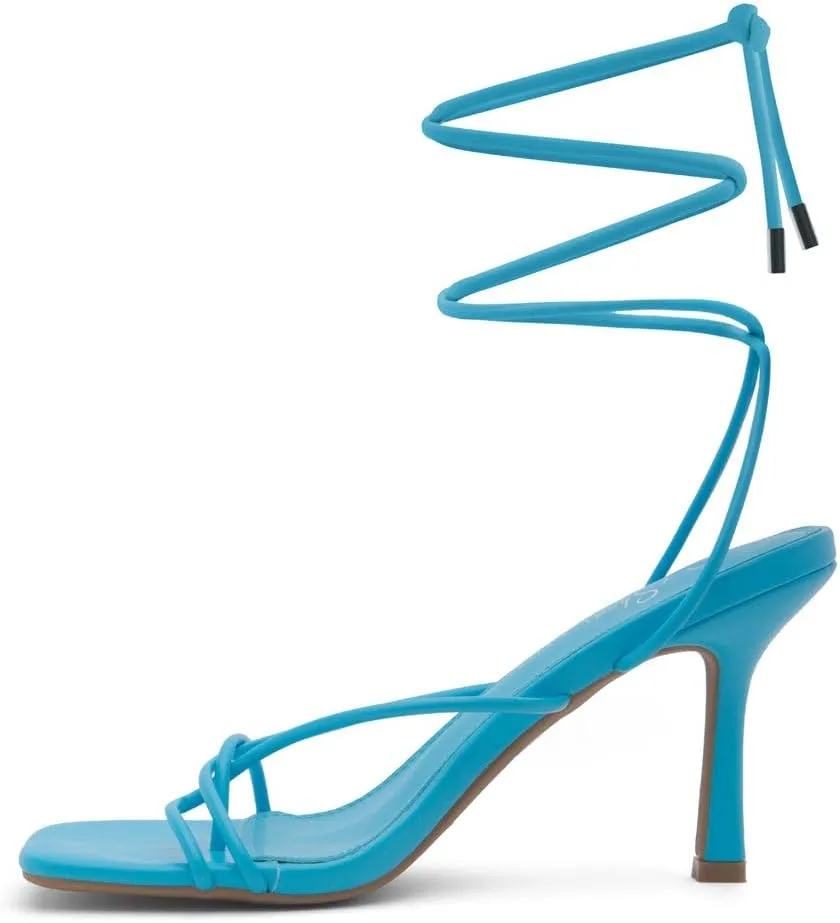 Shoe Land SL-Dafne Womens Strappy Heels Lace up Heeled Sandals Square Open Toe Tie Up Stiletto High Heel Shoes for Prom Party