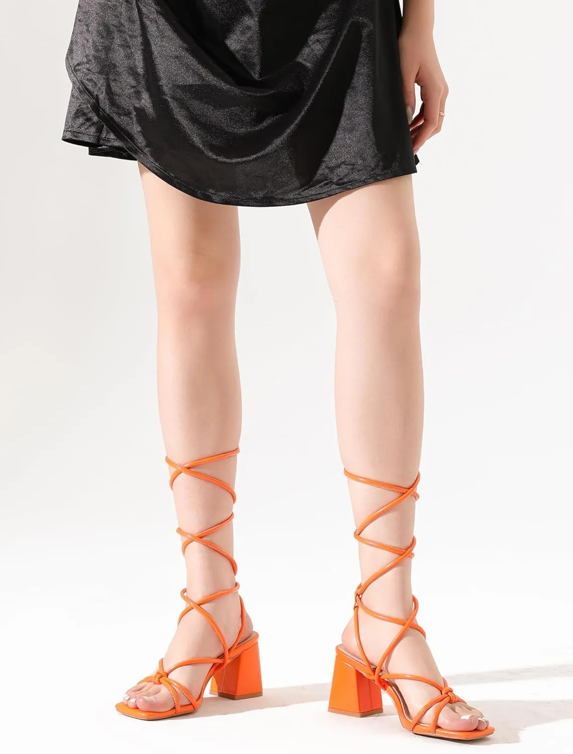 Shoe'N Tale Lace Up Heels for Women Ankle Strappy Gladiator High Heeled Sandals Chunky Block Heel Square Open Toe Criss Cross Dress Shoes