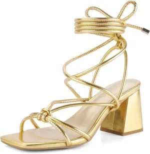 Shoe'N Tale Lace Up Heels for Women Ankle Strappy Gladiator High Heeled Sandals Chunky Block Heel Square Open Toe Criss Cross Dress Shoes
