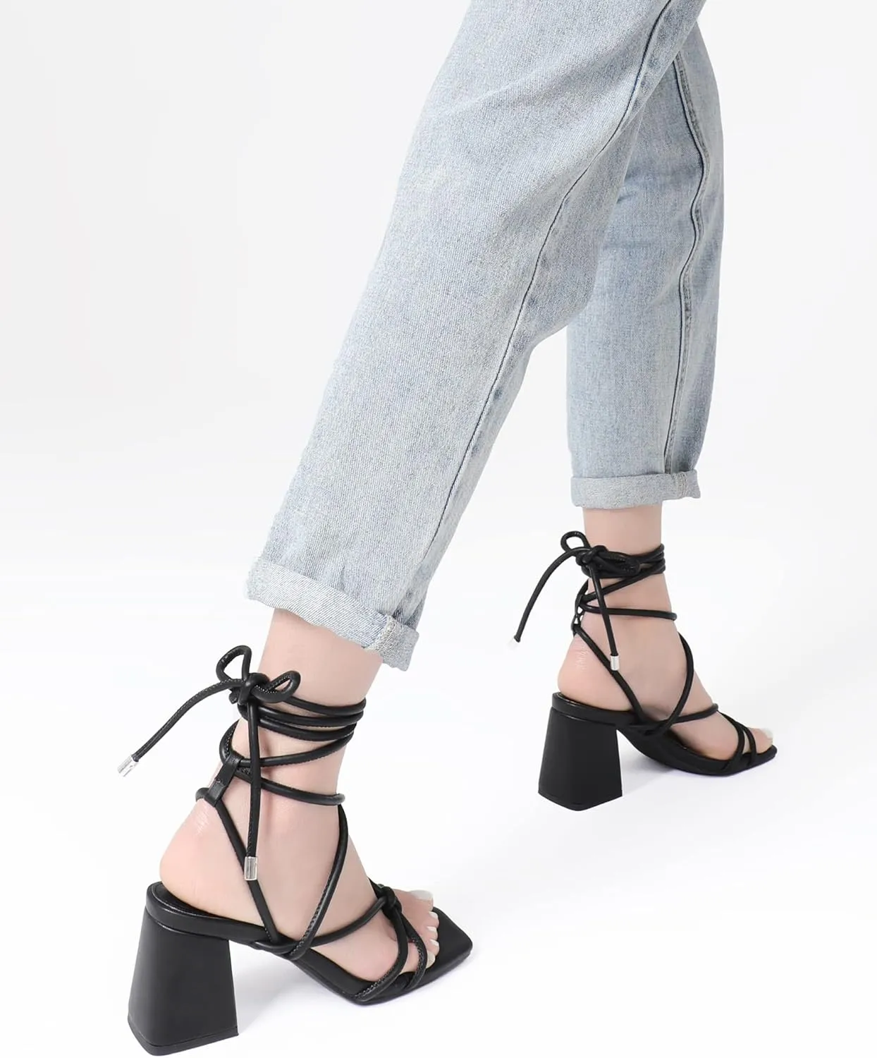 Shoe'N Tale Lace Up Heels for Women Ankle Strappy Gladiator High Heeled Sandals Chunky Block Heel Square Open Toe Criss Cross Dress Shoes