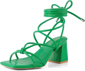 Shoe'N Tale Lace Up Heels for Women Ankle Strappy Gladiator High Heeled Sandals Chunky Block Heel Square Open Toe Criss Cross Dress Shoes