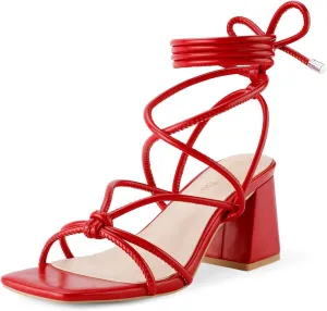 Shoe'N Tale Lace Up Heels for Women Ankle Strappy Gladiator High Heeled Sandals Chunky Block Heel Square Open Toe Criss Cross Dress Shoes
