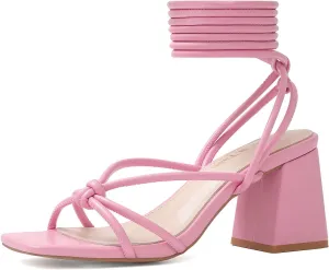 Shoe'N Tale Lace Up Heels for Women Ankle Strappy Gladiator High Heeled Sandals Chunky Block Heel Square Open Toe Criss Cross Dress Shoes