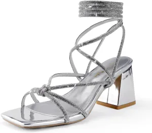 Shoe'N Tale Lace Up Heels for Women Ankle Strappy Gladiator High Heeled Sandals Chunky Block Heel Square Open Toe Criss Cross Dress Shoes