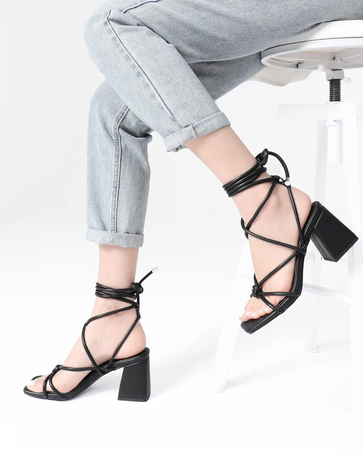 Shoe'N Tale Lace Up Heels for Women Ankle Strappy Gladiator High Heeled Sandals Chunky Block Heel Square Open Toe Criss Cross Dress Shoes