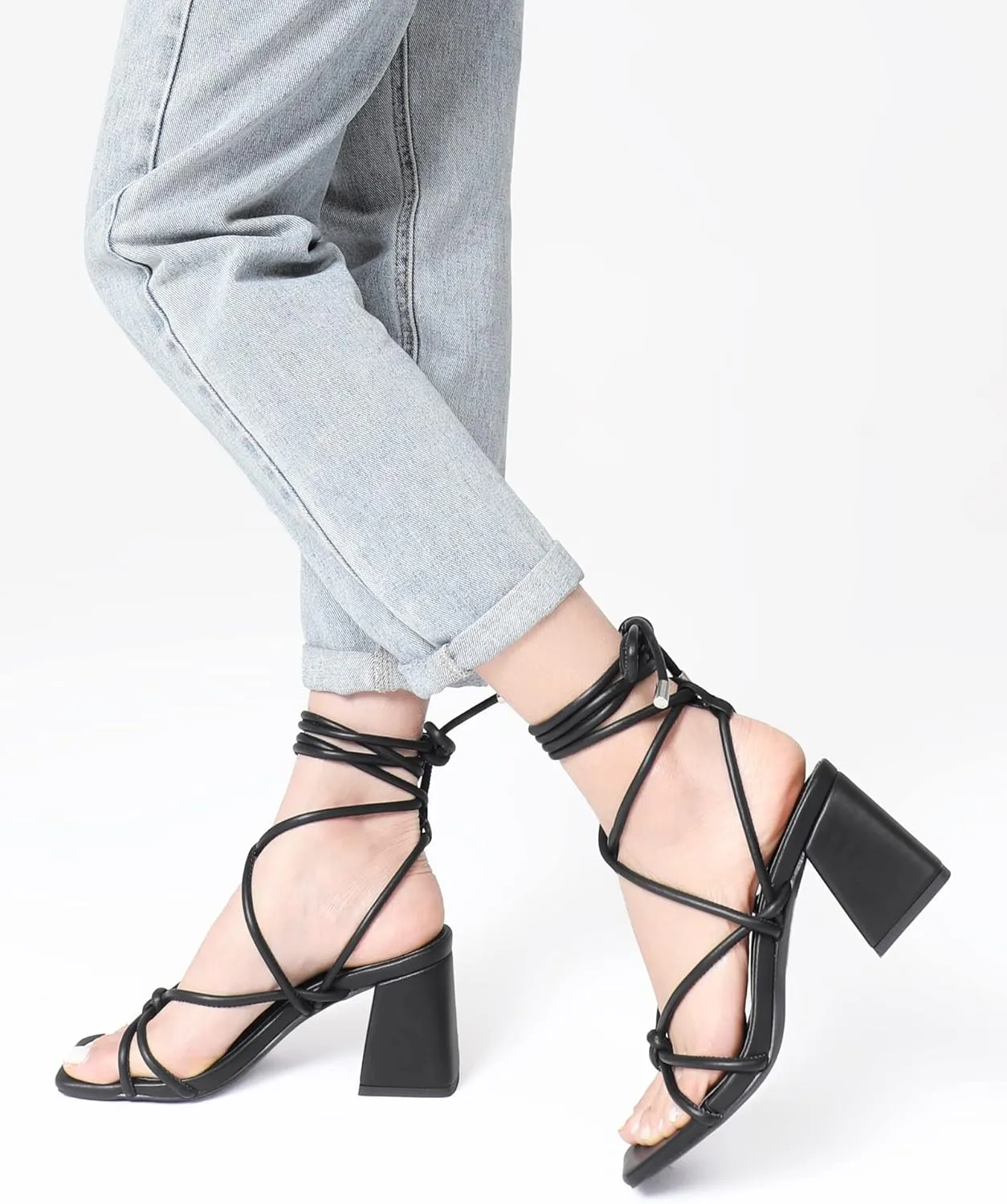 Shoe'N Tale Lace Up Heels for Women Ankle Strappy Gladiator High Heeled Sandals Chunky Block Heel Square Open Toe Criss Cross Dress Shoes