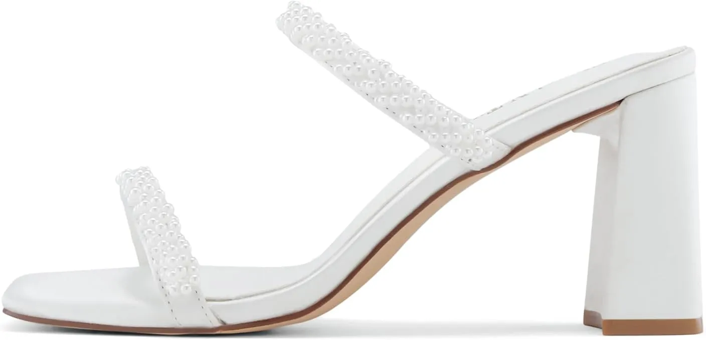 Shoe'N Tale Pearl Strappy Heels for Women Two Band Chunky Block Heeled Sandals Square Open Toe Backless Mules Slip On Pumps Dressy Shoes