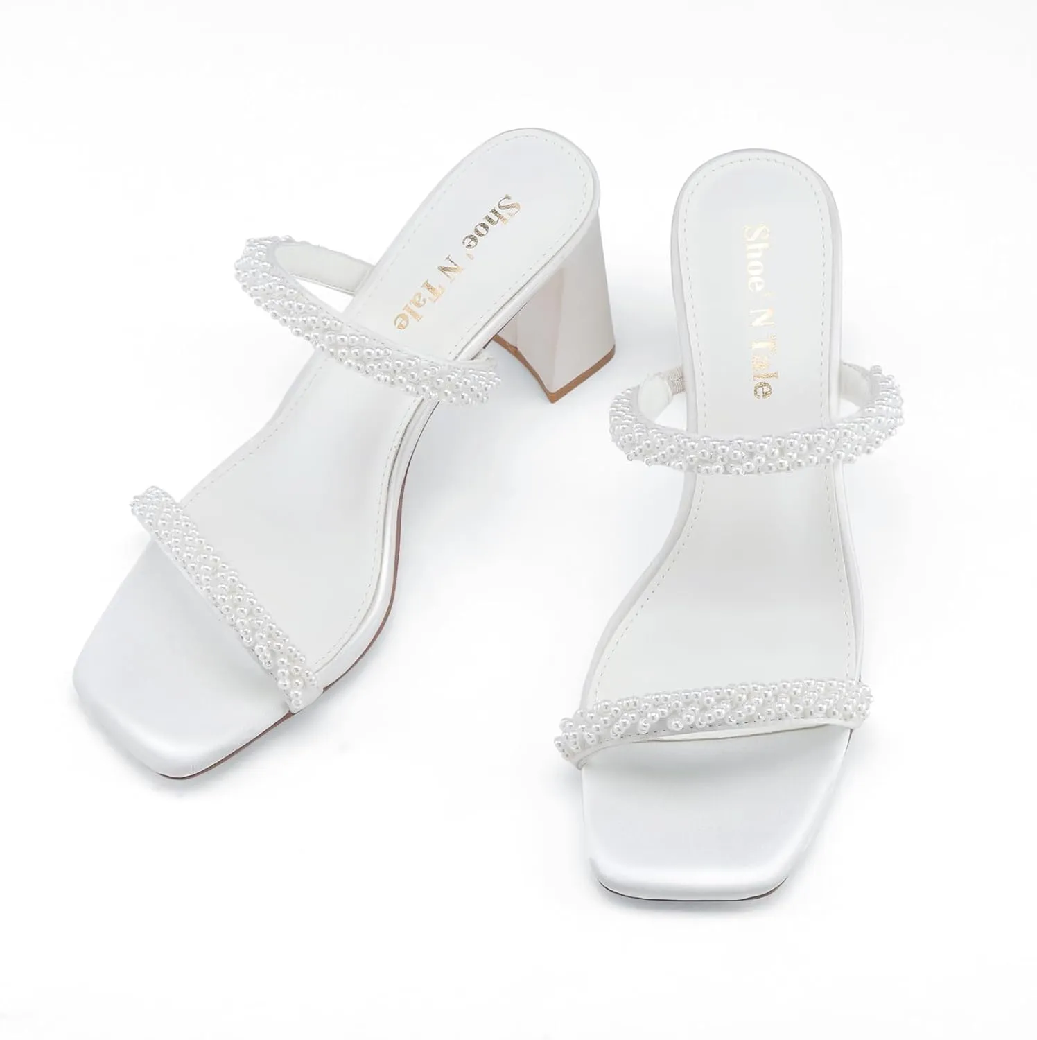 Shoe'N Tale Pearl Strappy Heels for Women Two Band Chunky Block Heeled Sandals Square Open Toe Backless Mules Slip On Pumps Dressy Shoes